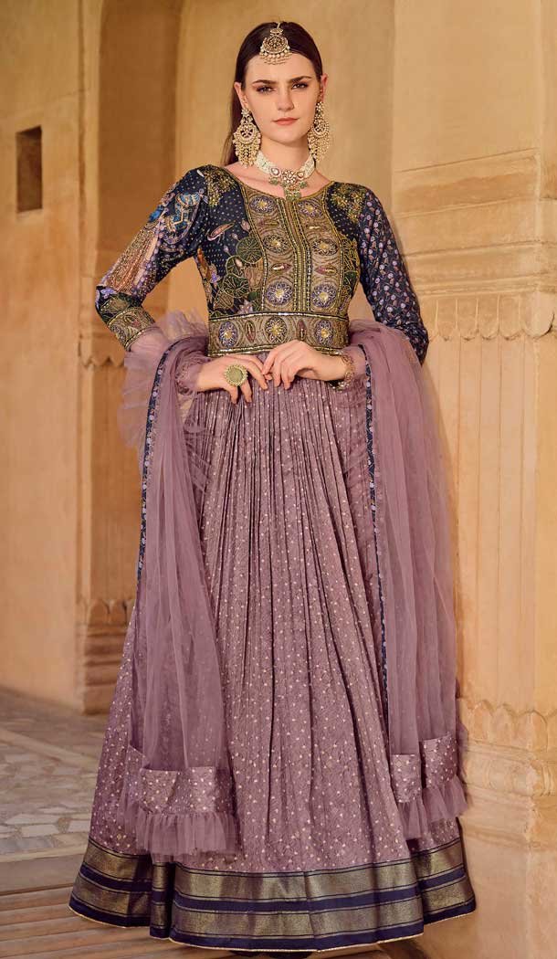 Mauve Smooth Silk Foil Print Work Wedding Wear Gown With Dupatta - 11627202220