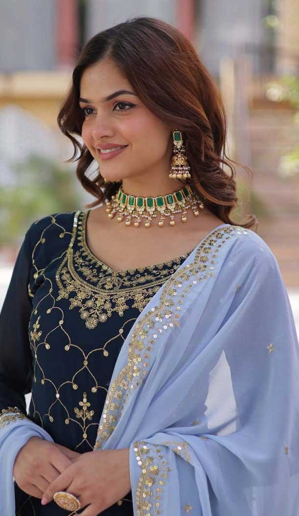 Faux Blooming Embroidered Party Wear Palazzo Salwar Suit In Navy Blue - 11631202230