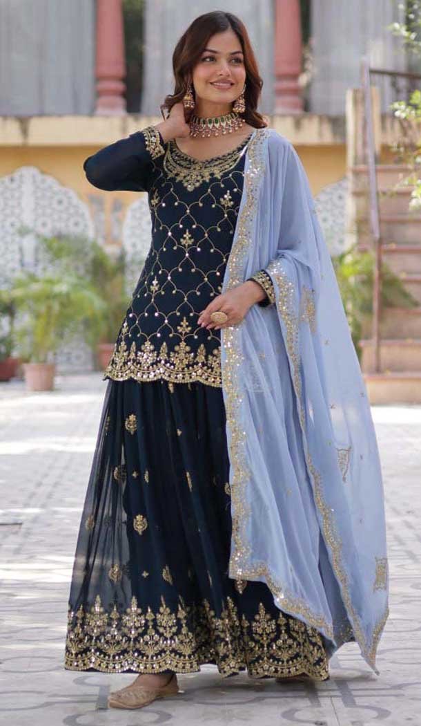 Faux Blooming Embroidered Party Wear Palazzo Salwar Suit In Navy Blue - 11631202230