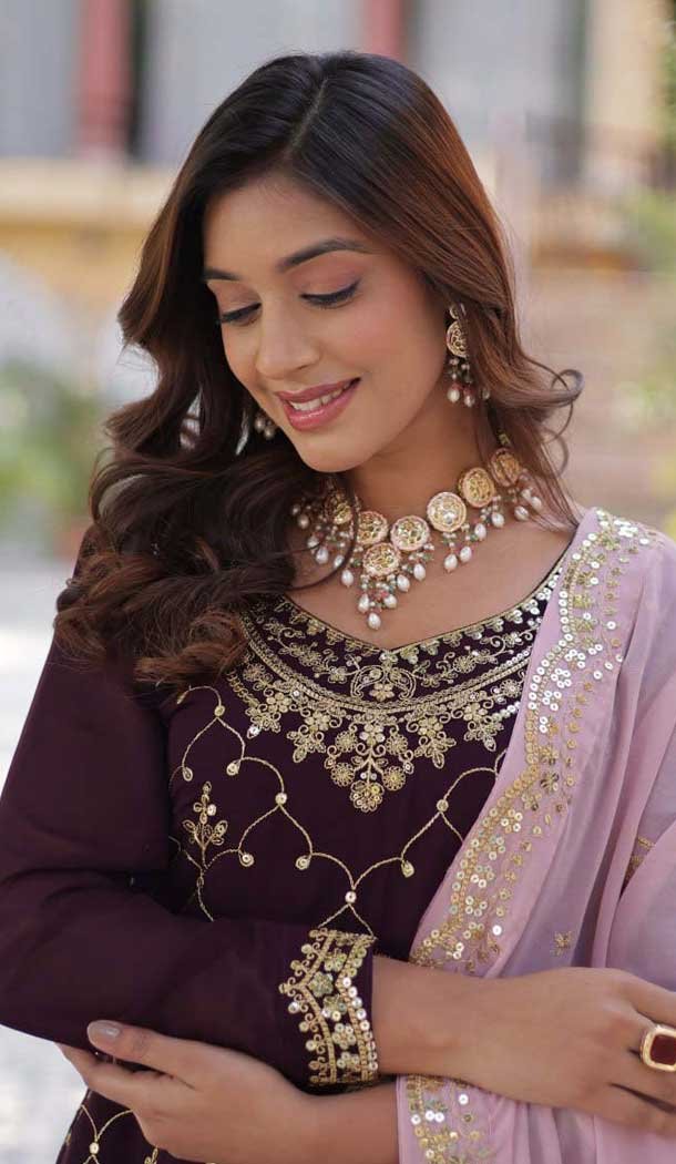 Faux Blooming Embroidered Party Wear Palazzo Salwar Suit In Wine - 11631202231