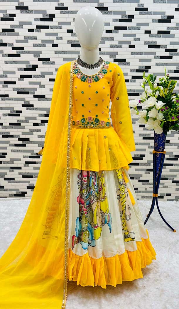 Yellow Chinon Silk Embroidery Work Party Wear Kids Lehenga Choli - 11668202434