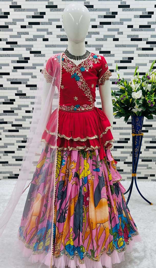 Chinon Silk Embroidery Work Party Wear Kids Lehenga Choli In Multi Color - 11668202436