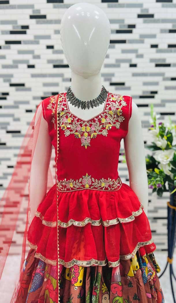Multi Color Function Wear Chinon Silk Embroidery Work Readymade Kids Lehenga Choli - 11668202438