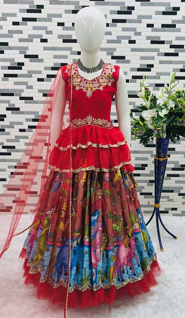 Multi Color Function Wear Chinon Silk Embroidery Work Readymade Kids Lehenga Choli - 11668202438