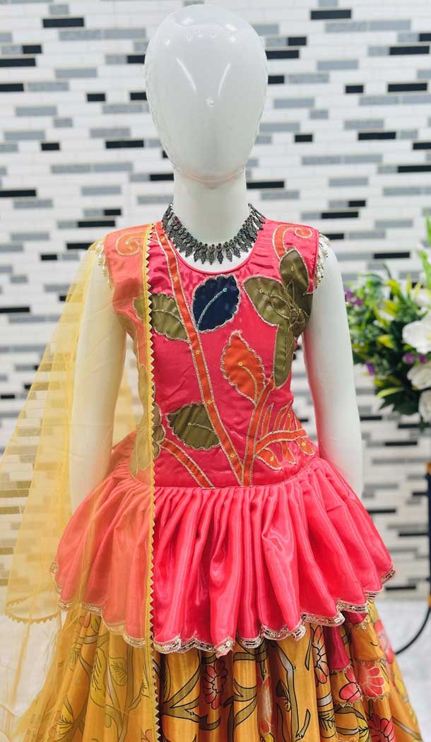 Multi Color Chinon Silk Embroidery Work Readymade Function Wear Kids Lehenga Choli - 11668202439