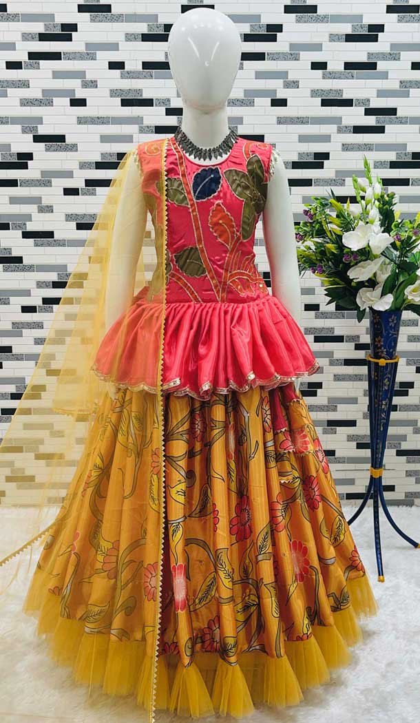 Multi Color Chinon Silk Embroidery Work Readymade Function Wear Kids Lehenga Choli - 11668202439