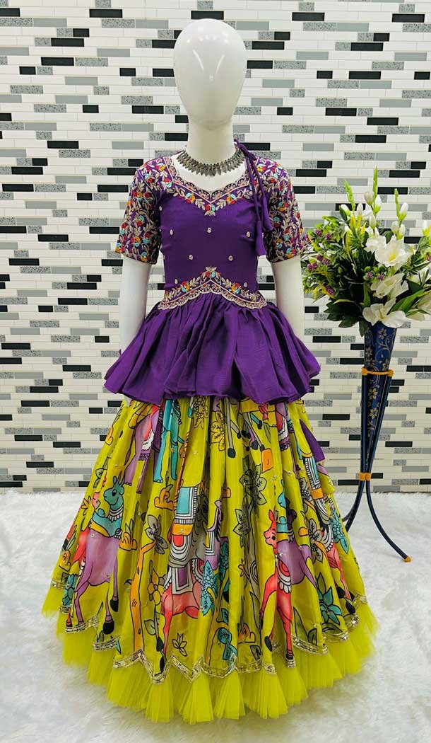 Multi Color Chinon Silk Sequins Embroidered Party Wear Kids Lehenga Choli - 11668202440