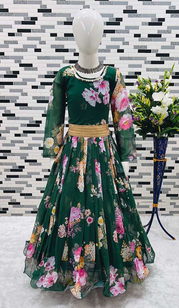 Green Fox Georgette Digital Printed Party Wear Kids Wear Gown - 11669202441