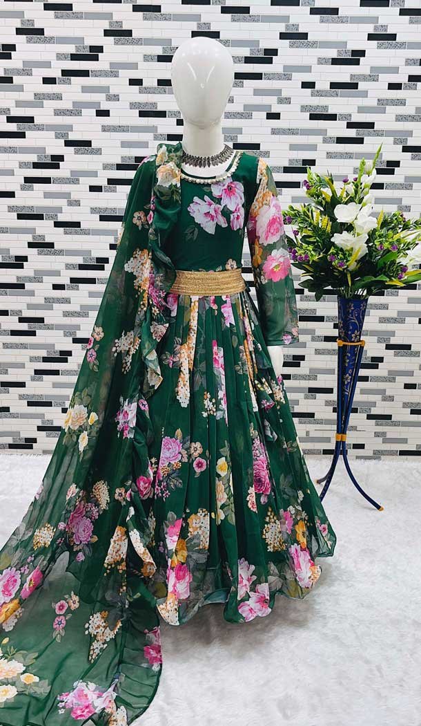 Green Fox Georgette Digital Printed Party Wear Kids Wear Gown - 11669202441