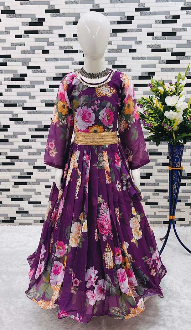 Purple Fox Georgette Digital Printed Party Wear Kids Wear Gown - 11669202442