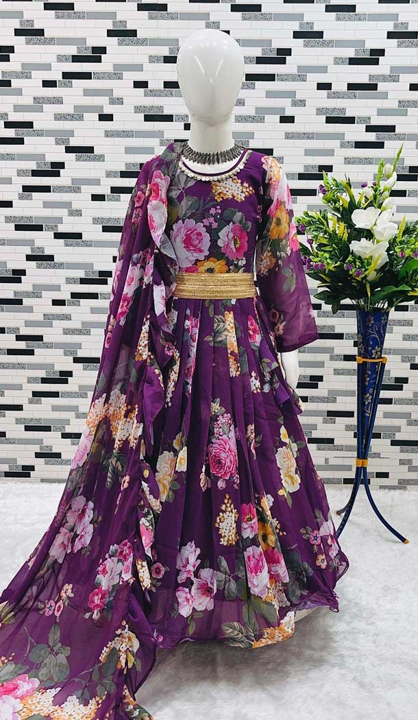 Purple Fox Georgette Digital Printed Party Wear Kids Wear Gown - 11669202442