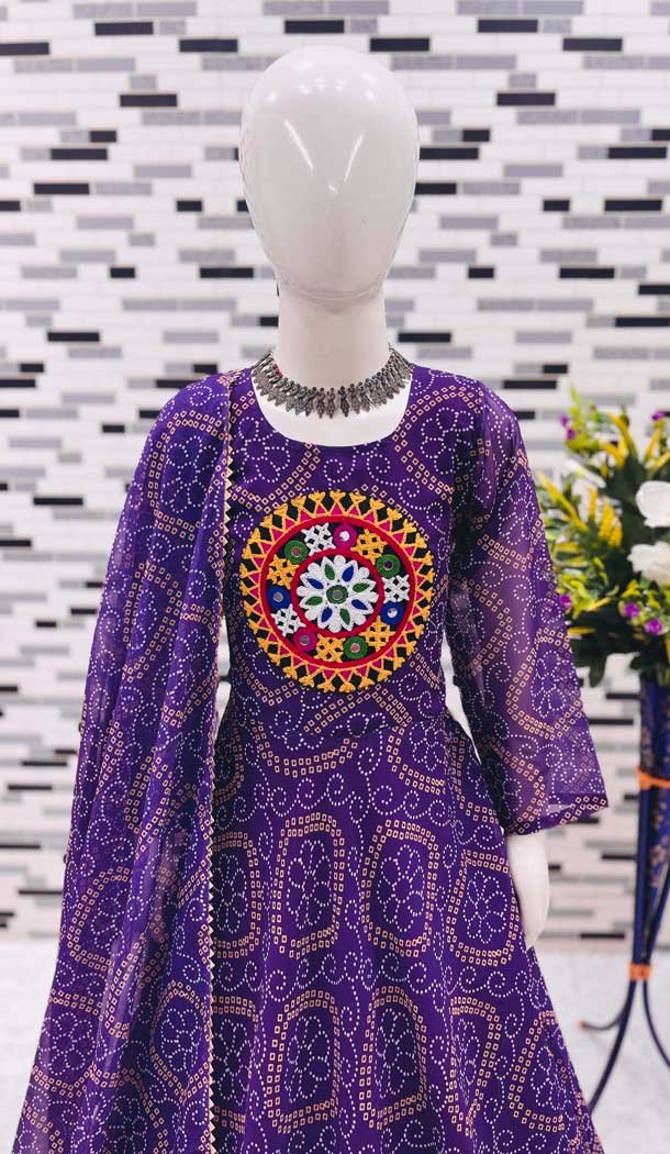 Fox Georgette Digital Printed Party Wear Kids Wear Gown In Purple - 11669202443