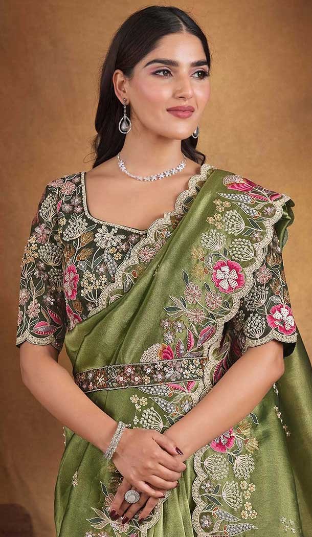 Mehendi Green Glass Tissue Stone Work Wedding Wear Saree - 11601202068