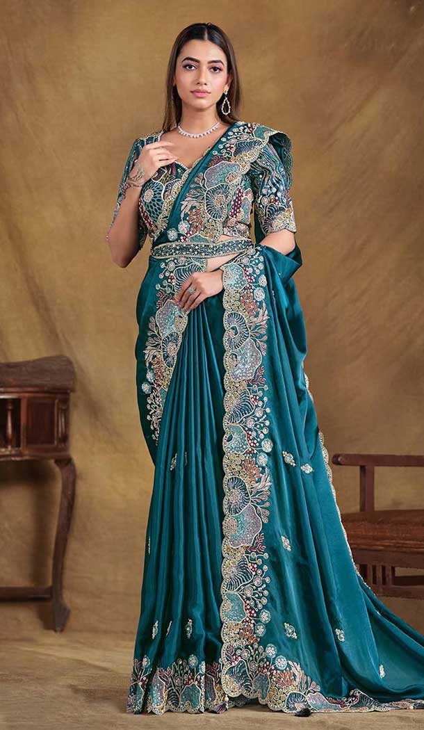 Teal Blue Crush Satin Silk Stone Work Wedding Wear Saree - 11601202069