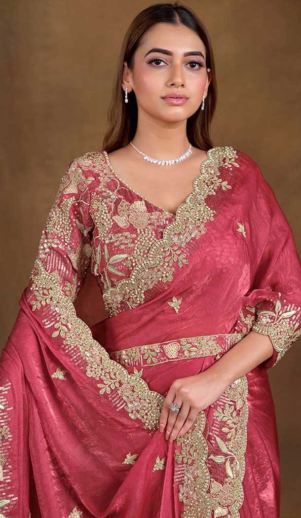 Red Two Tone Satin Silk Stone Work Wedding Wear Saree - 11601202070