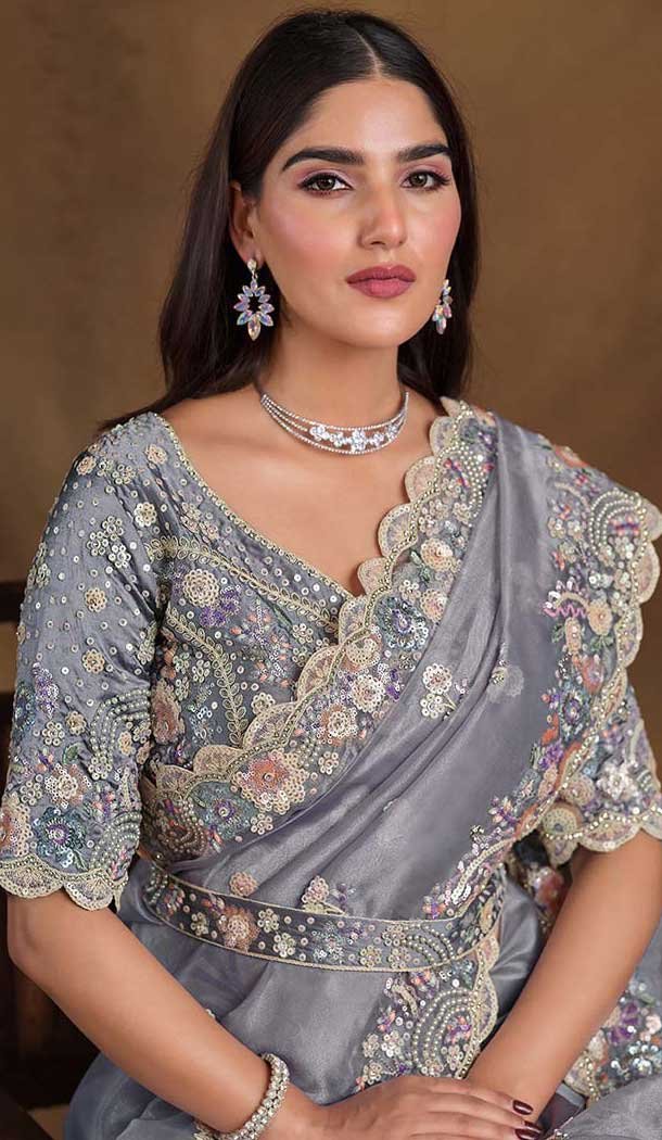 Grey Pure Organza Silk Stone Work Wedding Wear Saree - 11601202071