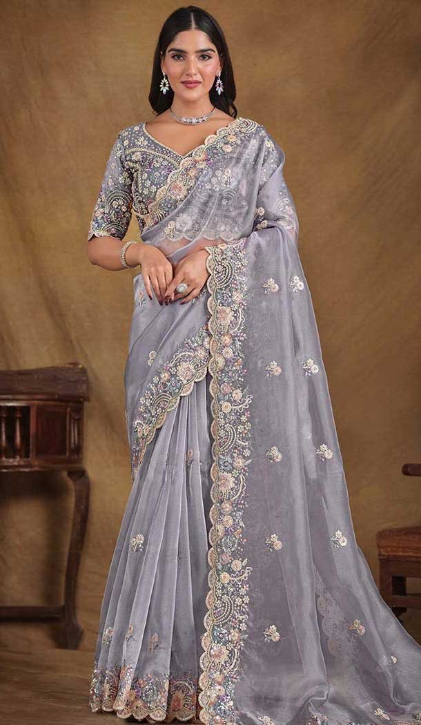 Grey Pure Organza Silk Stone Work Wedding Wear Saree - 11601202071
