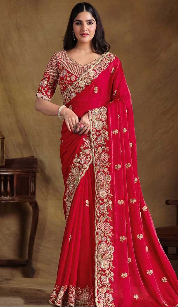 Maroon Two Tone Satin Silk Stone Work Wedding Wear Saree - 11601202072