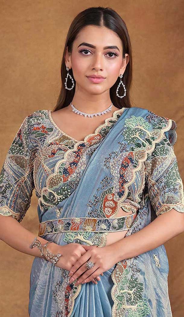 Sky Blue Two Tone Satin Silk Stone Work Wedding Wear Saree - 11601202073