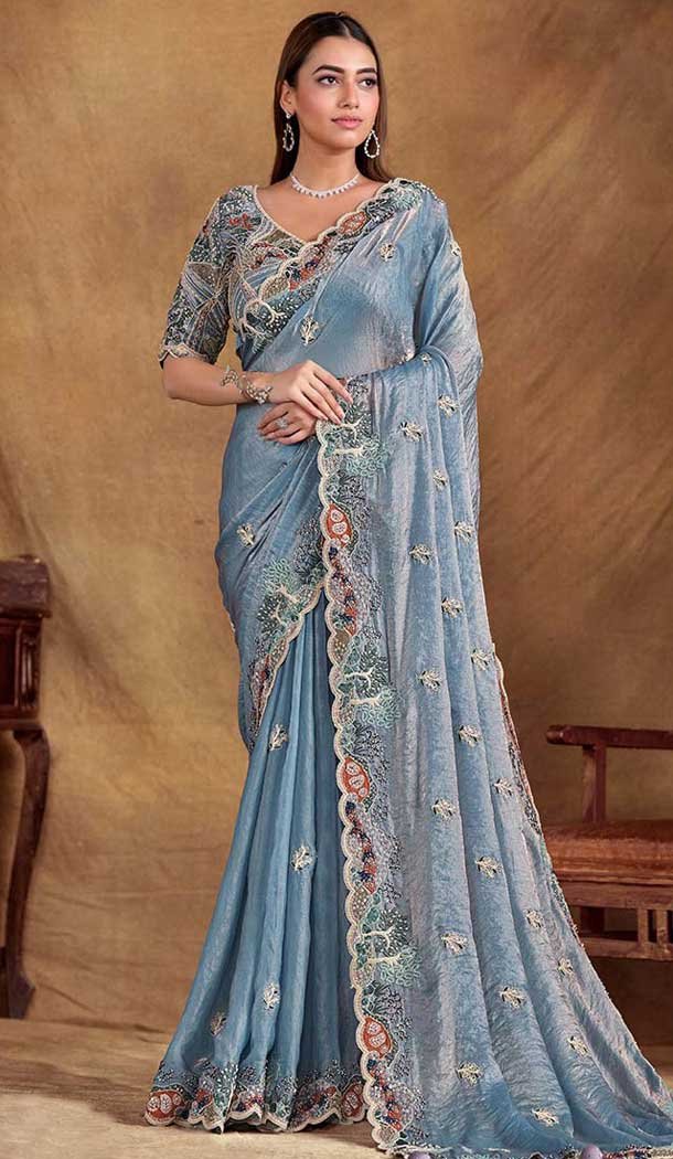 Sky Blue Two Tone Satin Silk Stone Work Wedding Wear Saree - 11601202073