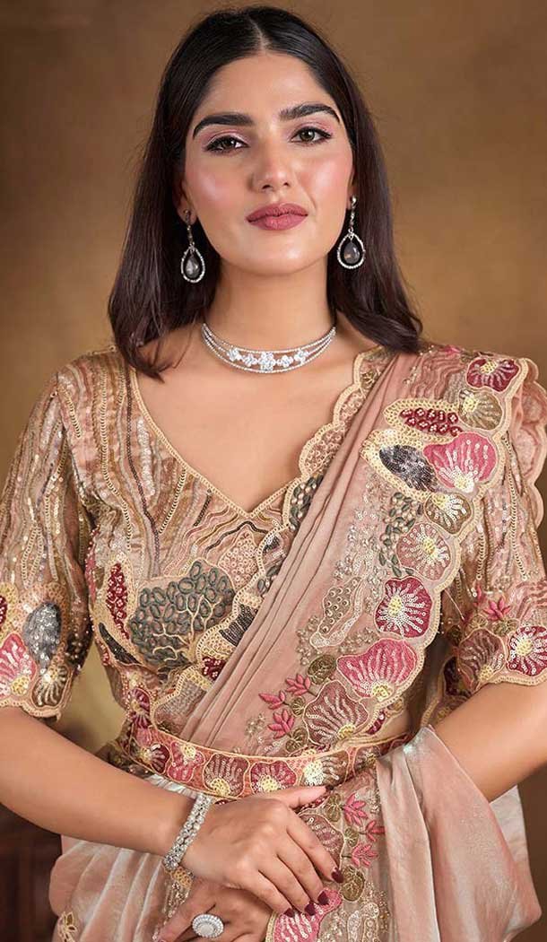 Peach Two Tone Satin Silk Stone Work Wedding Wear Saree - 11601202074