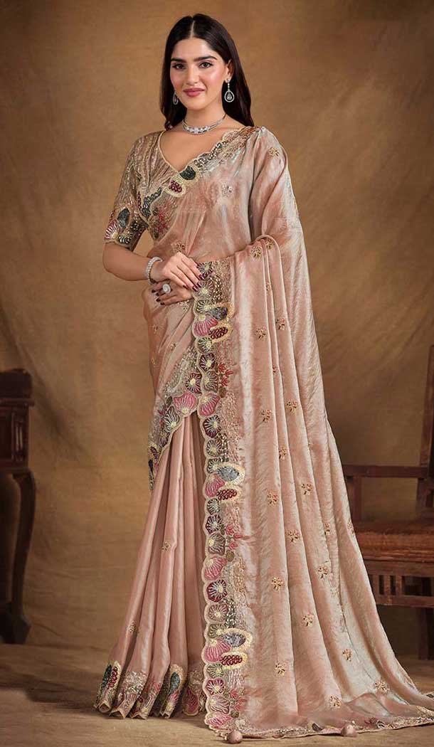 Peach Two Tone Satin Silk Stone Work Wedding Wear Saree - 11601202074