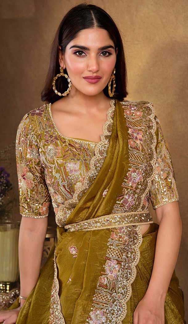 Light Mehendi Green Crush Paper Silk Stone Work Wedding Wear Saree - 11601202075