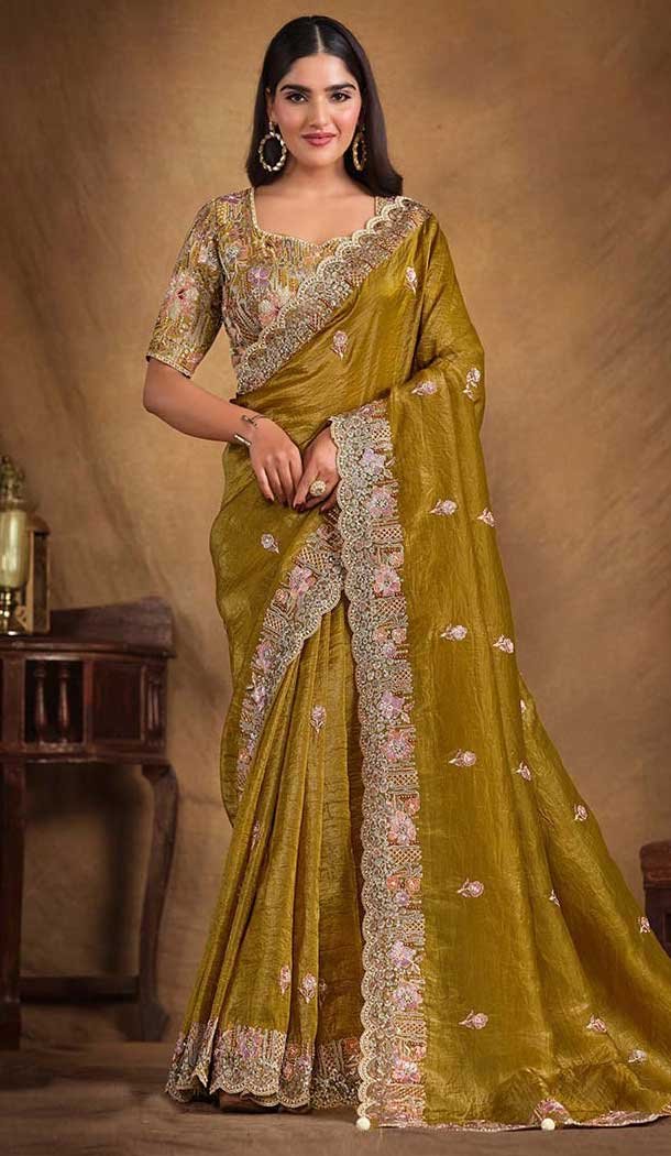 Light Mehendi Green Crush Paper Silk Stone Work Wedding Wear Saree - 11601202075
