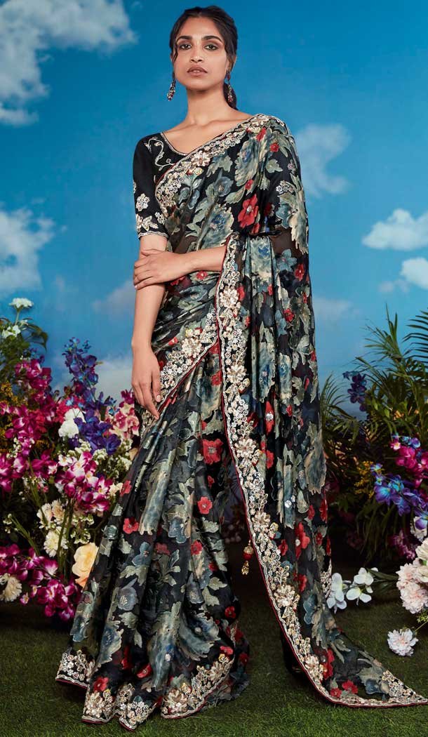 Black Pure Brasso Embroidery Work Party Wear Saree - 11602202078