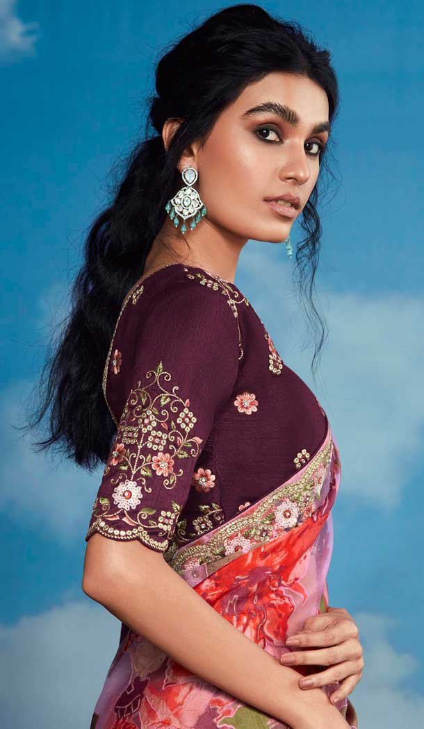 Pink Pure Brasso Embroidery Work Party Wear Designer Saree - 11602202086