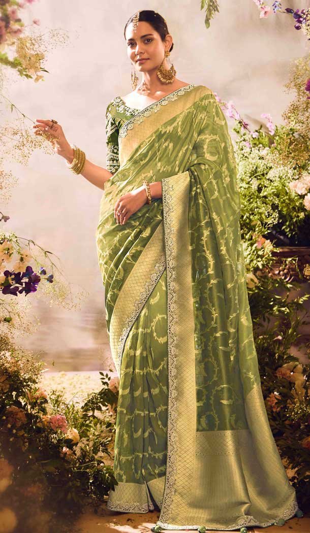 Banarasi Zari Tissue Weaving Work Designer Wear Saree In Green - 11603202090