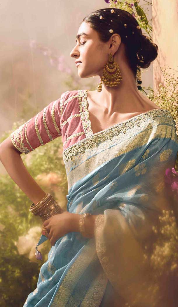 Banarasi Zari Tissue Weaving Work Designer Wear Saree In Sky Blue - 11603202091