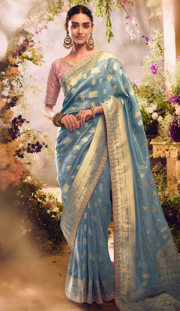 Banarasi Zari Tissue Weaving Work Designer Wear Saree In Sky Blue - 11603202091