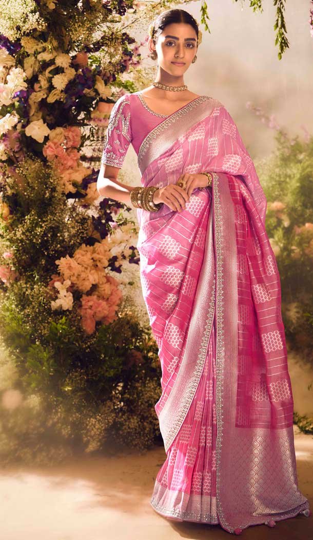 Banarasi Zari Tissue Weaving Work Designer Wear Saree In Pink - 11603202092