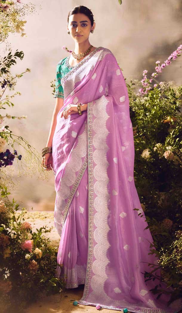 Banarasi Zari Tissue Weaving Work Designer Wear Saree In Light Lavender - 11603202095
