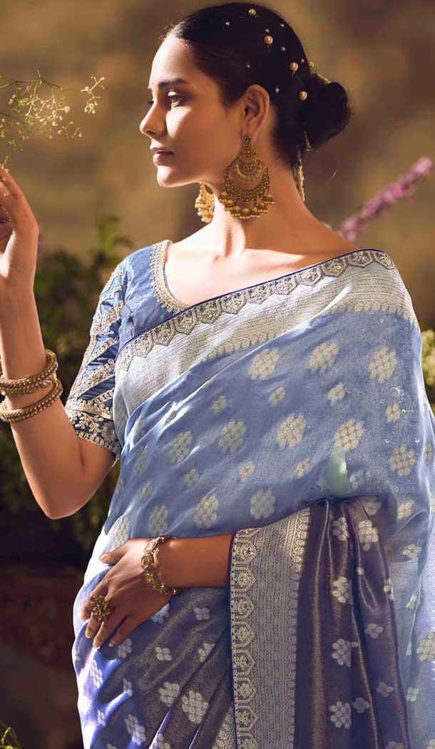 Banarasi Zari Tissue Weaving Work Designer Wear Saree In Grey - 11603202097