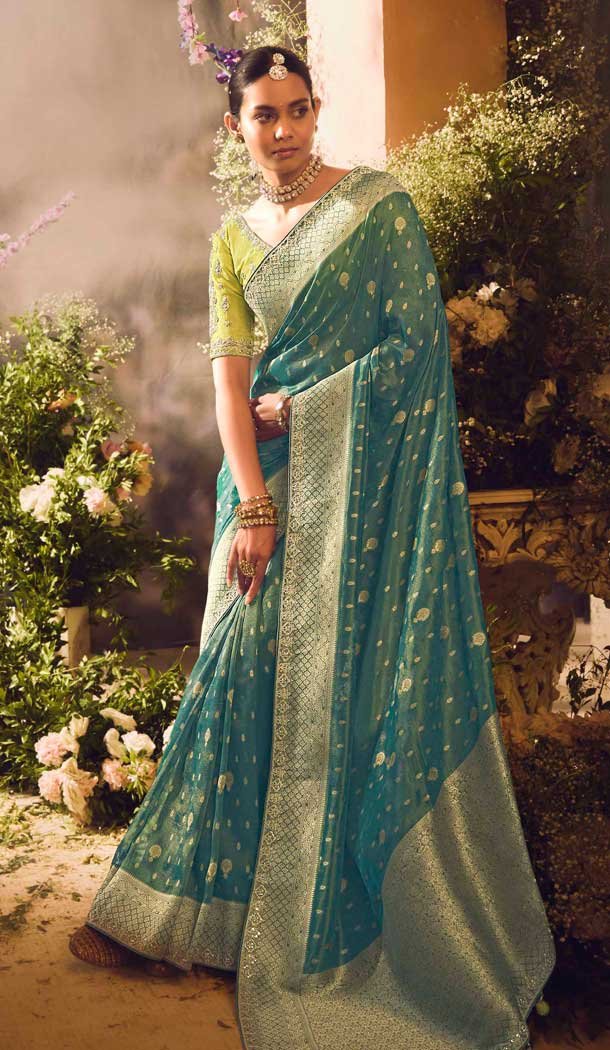 Rama Green Banarasi Zari Tissue Weaving Work Designer Wear Saree - 11603202099