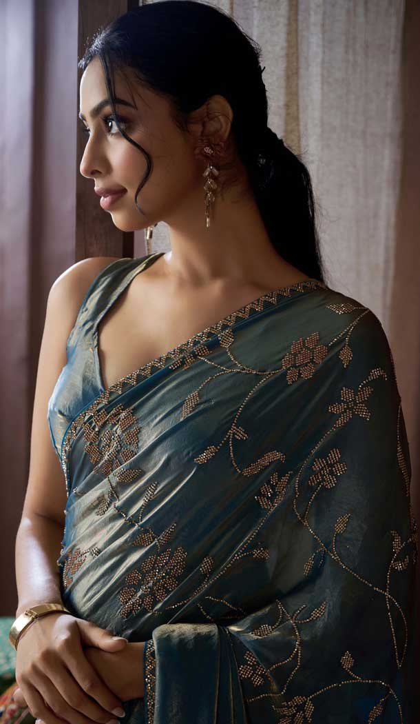 Firozi Blue Satin Silk HandWork Party Wear Saree - 11604202100