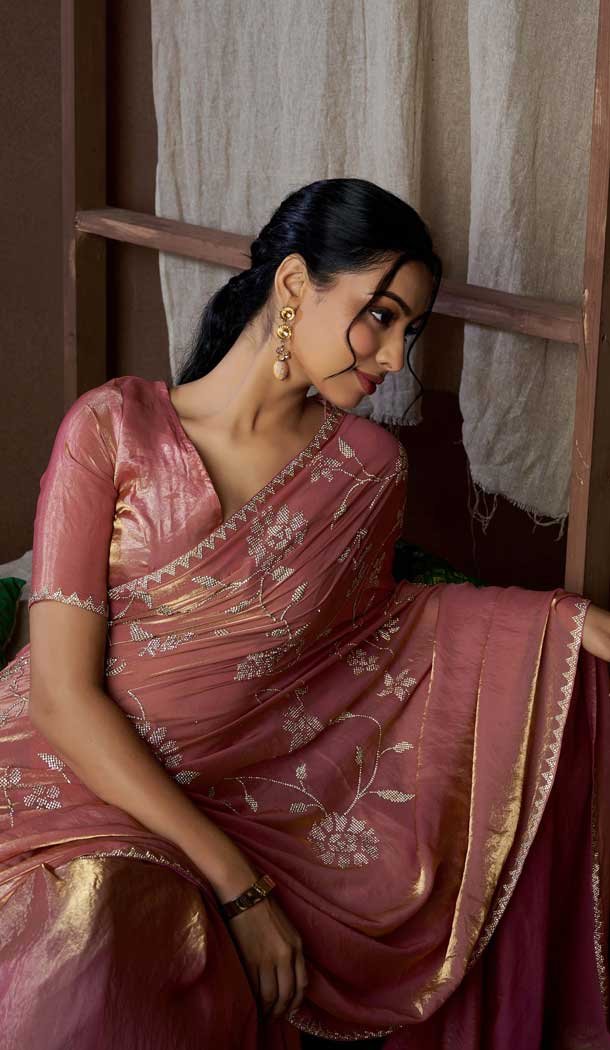 Pink Satin Silk HandWork Party Wear Saree - 11604202102