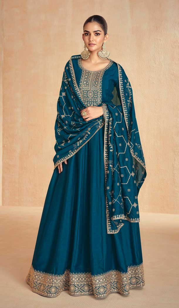 Silk Embroidery Work Party Wear Gown In Teal Blue - 11670202444