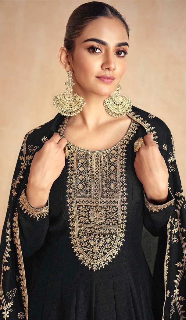 Silk Embroidery Work Party Wear Gown In Black - 11670202445
