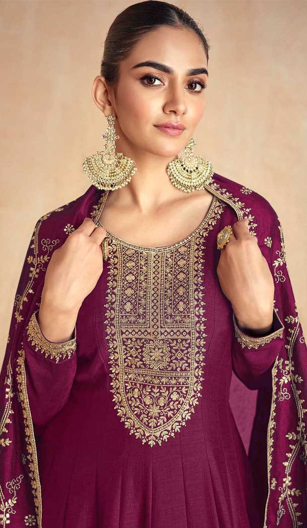 Silk Embroidery Work Party Wear Gown In Wine - 11670202447