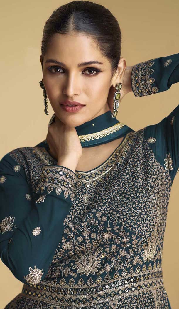 Teal Blue Georgette Zari Work Wedding Wear Anarkali Suit - 11674202462