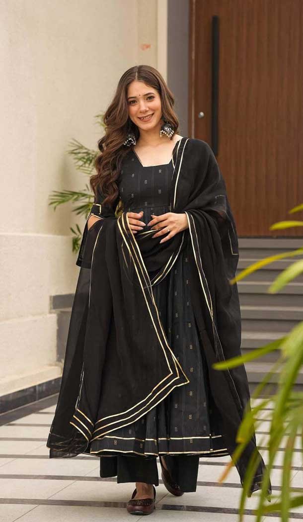 Black Maslin Foil Print Work Party Wear Anarkali Suit - 11680202486
