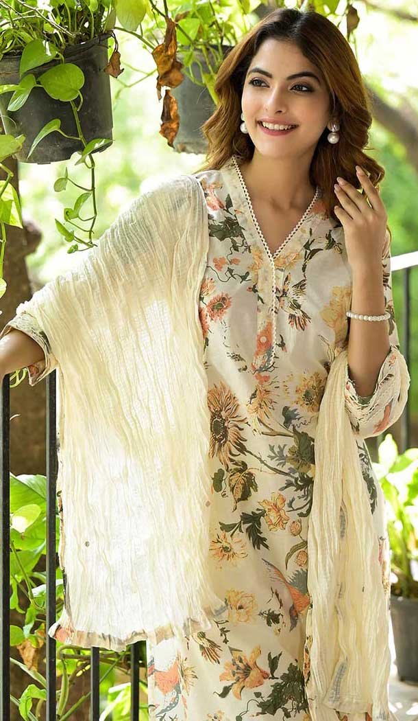 Cotton Printed Work Party Wear Salwar Suit In Cream - 11724202768