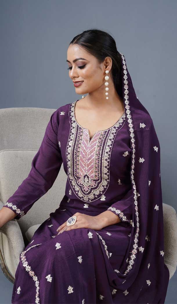 Silk Sequins Work Pakistani Style Salwar Suit In Wine - 11728202781