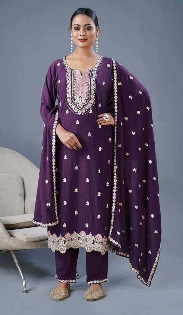 Silk Sequins Work Pakistani Style Salwar Suit In Wine - 11728202781