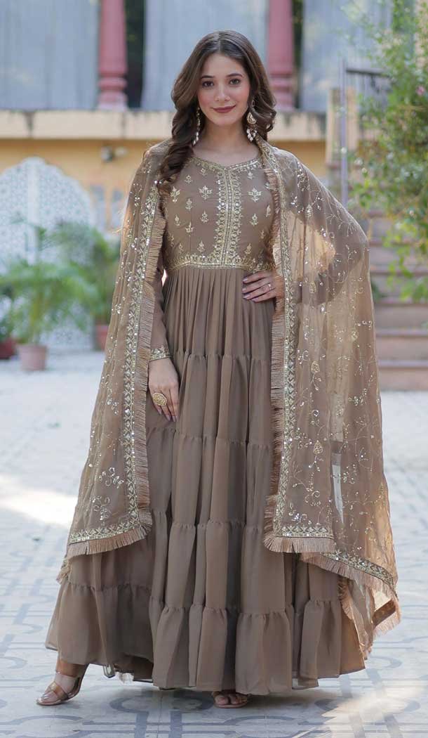 Beige Star Georgette Zari Work Party Wear Gown With Dupatta - 11730202797