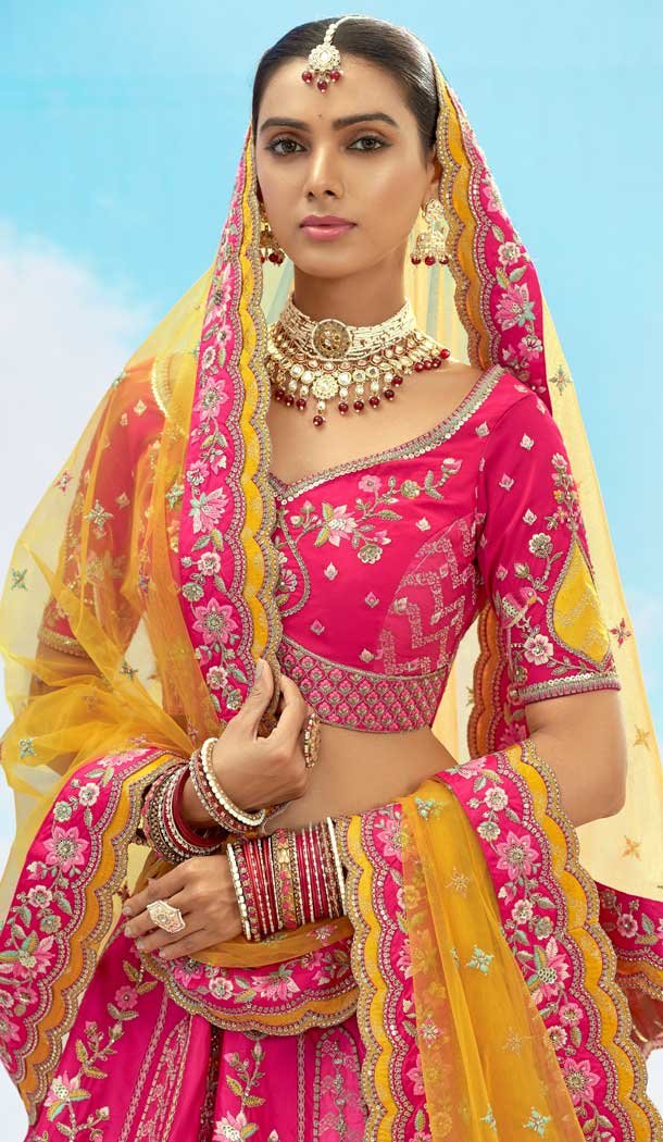 Adorable Pink Color Silk Embroidery Stone Work Wedding Wear Lehenga Choli -1550066146624