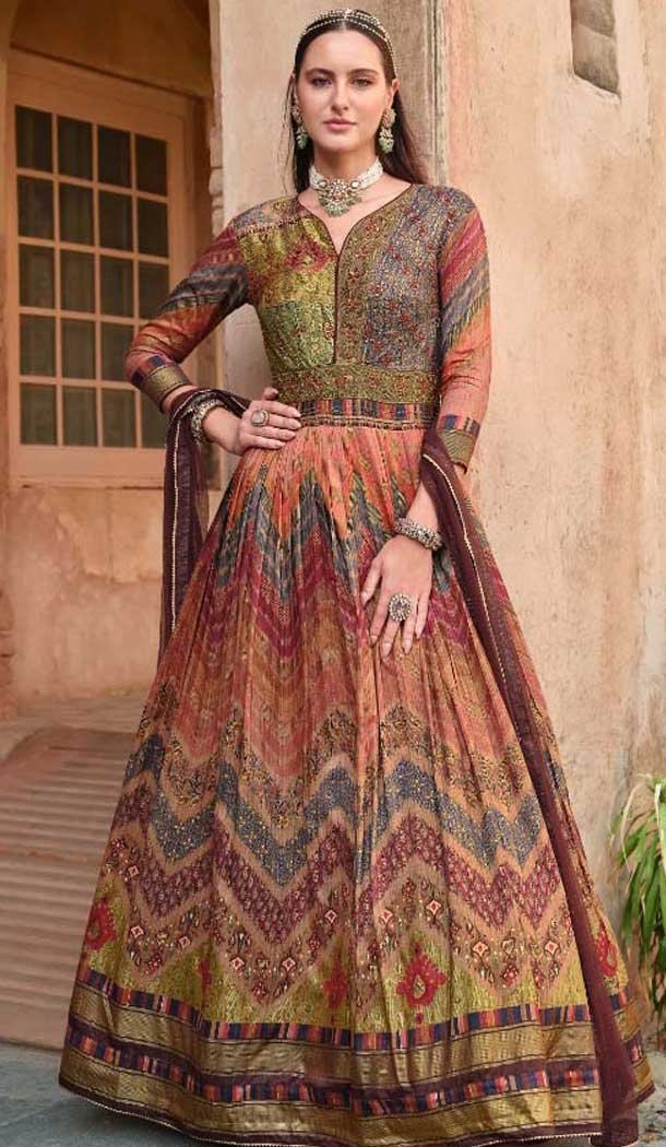 Muti Color Silk Printed Designer Wear Gown With Dupatta - 11738202831